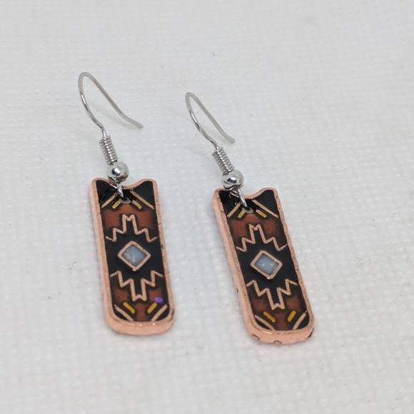 New Earrings Red & Black South Western Design Copper Colour Metal 1.5" Dangle - Picture 5 of 6